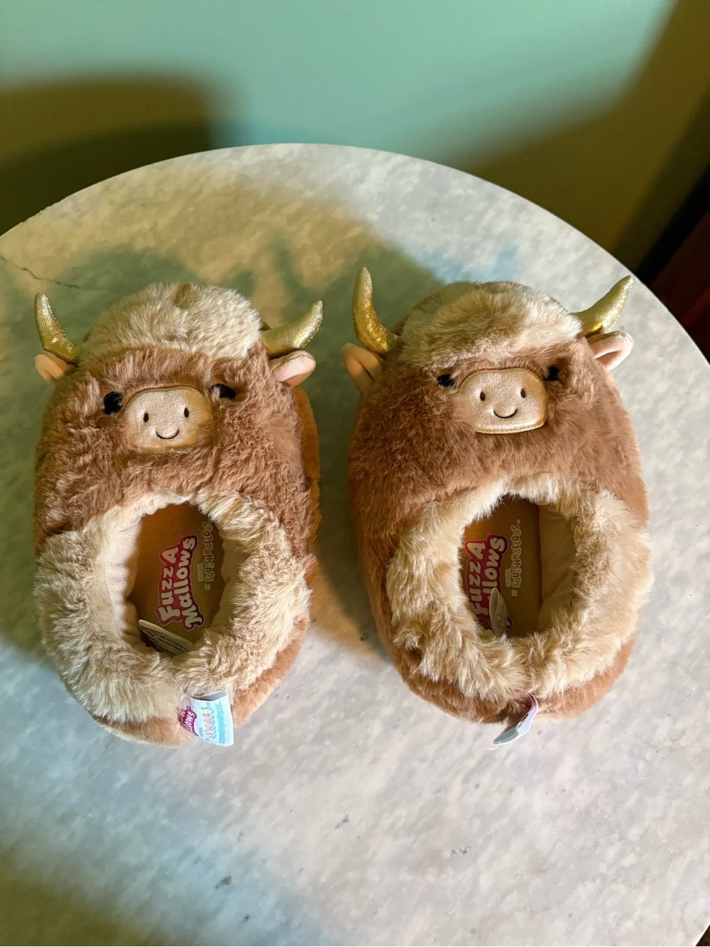 Squishmallows NWOT Brown/Tan Bull Slippers with Gold Horns